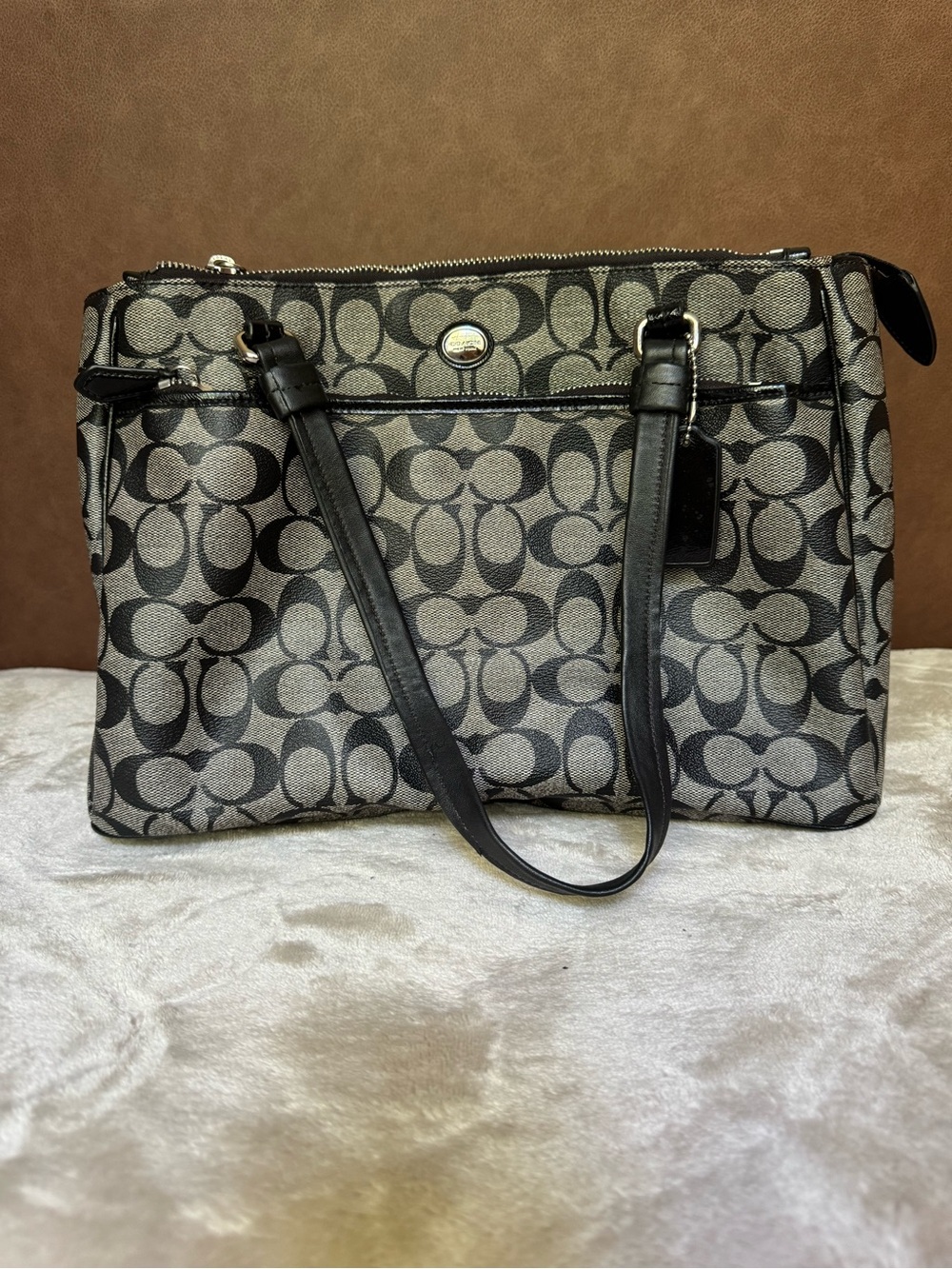Coach Signature Jacquard Shoulder Tote in Gray and Black